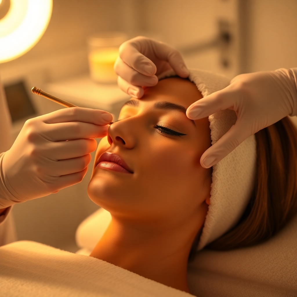 facial acupuncture treatment in clean clinical setting, professional aesthetic procedure, warm lighting