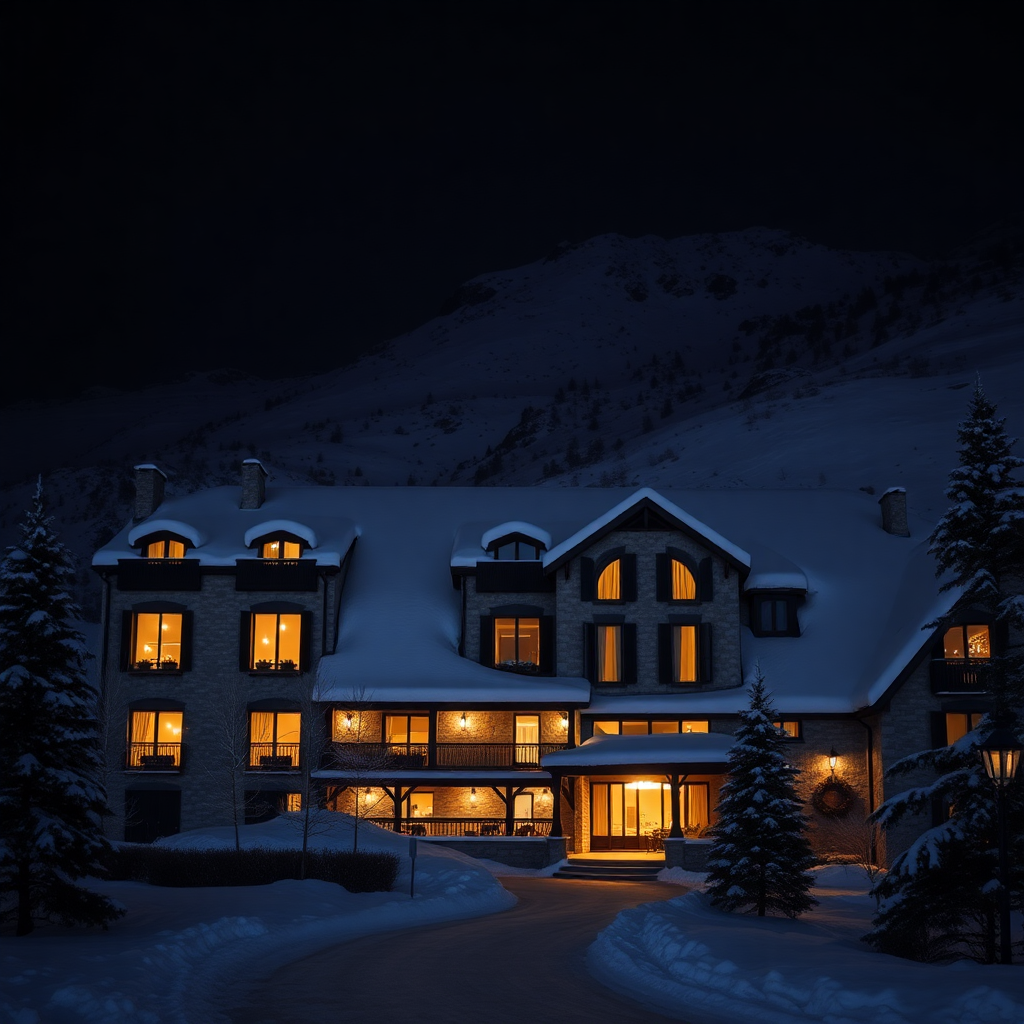 Grau Roig Boutique Hotel Spa Andorra night exterior luxury alpine boutique hotel warm lit windows snow mountain dark cinematic editorial photography champagne gold tones winter private secluded valley