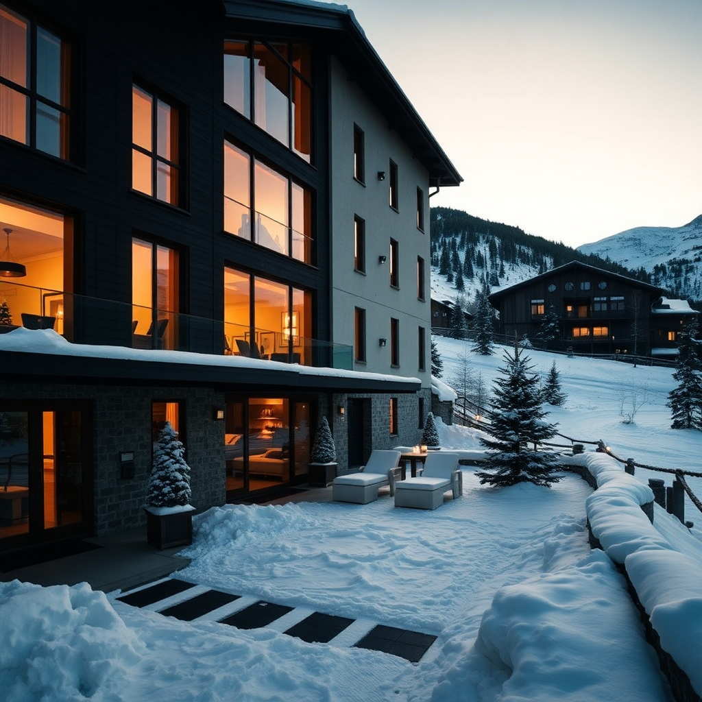 Grau Roig Boutique Hotel Spa Andorra Grandvalira luxury alpine boutique hotel exterior snow winter Pyrenees cinematic dark editorial photography champagne gold tones warm private mountain boutique hotel secluded valley