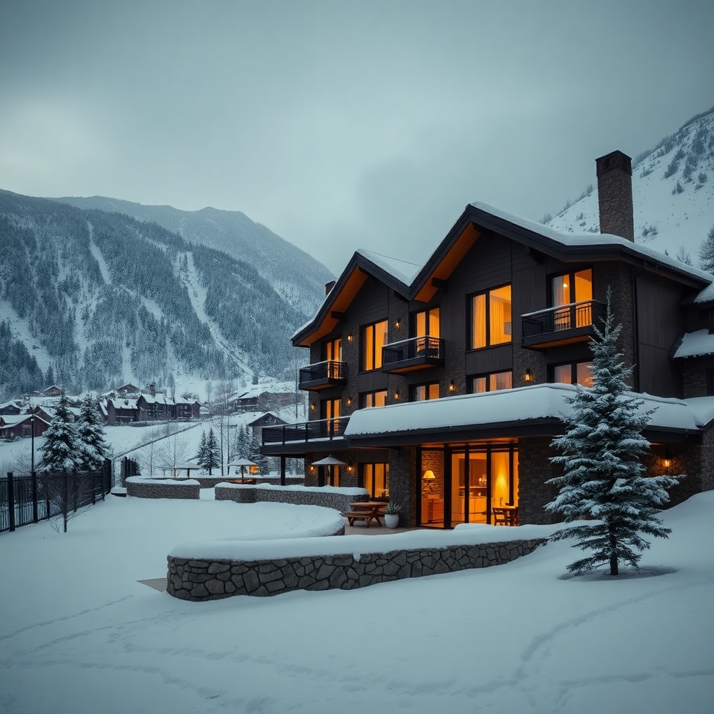 Grau Roig Boutique Hotel Spa Andorra exterior luxury boutique hotel alpine snow mountain winter secluded valley Pyrenees editorial photography dark cinematic champagne gold tones warm private mountain hotel atmosphere