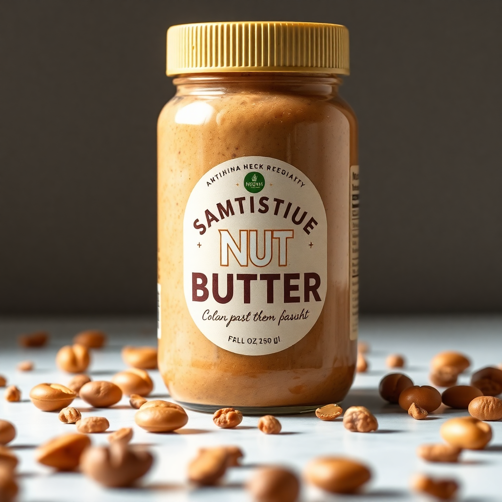 artisanal nut butter jar with nuts scattered around, premium product photography, bright lighting