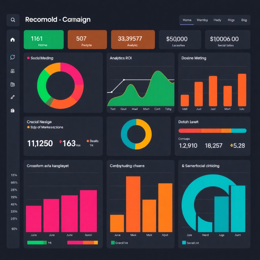 digital marketing campaign dashboard, analytics charts, social media management, marketing ROI