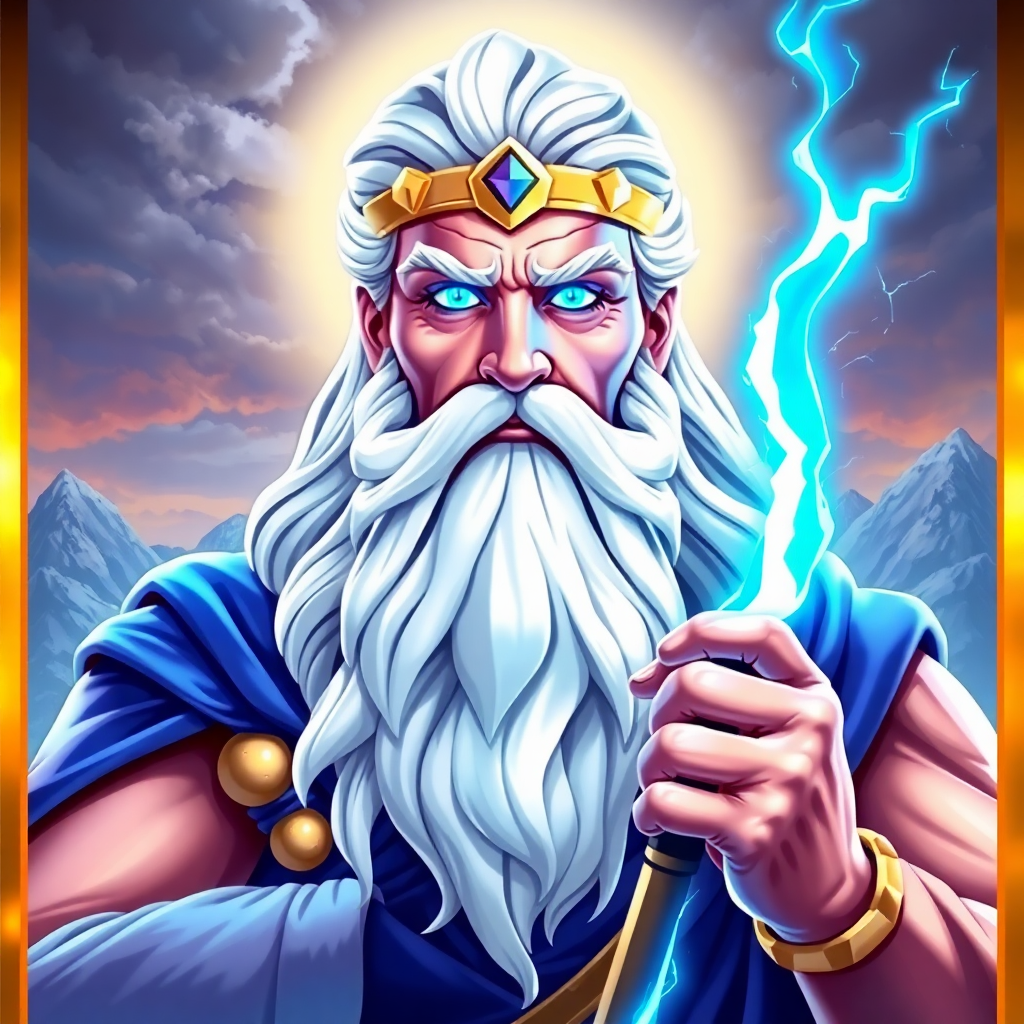 illustration of zeus god of thunder, white beard, glowing blue eyes, holding lightning bolt, mount olympus background, slot game style
