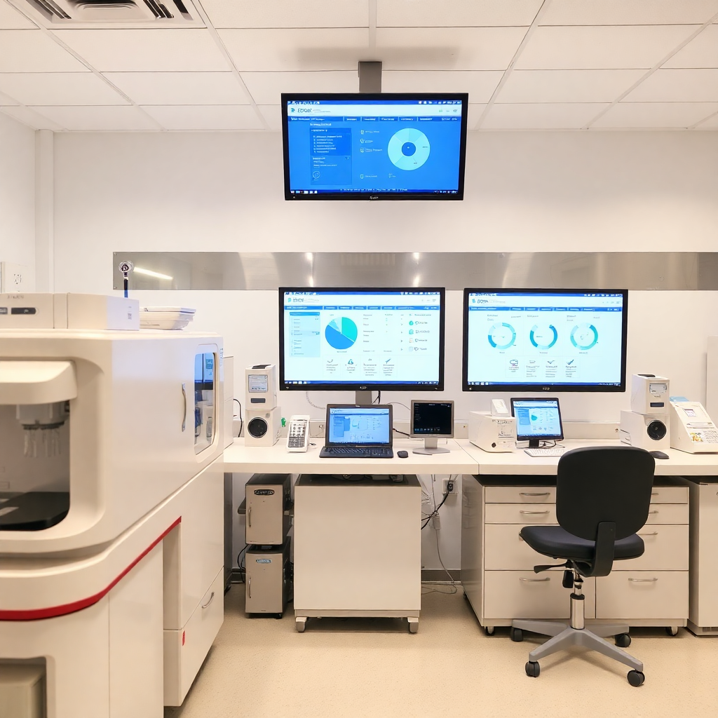 Modern pathology laboratory with automated analyzers and digital screens showing lab management dashboard interface