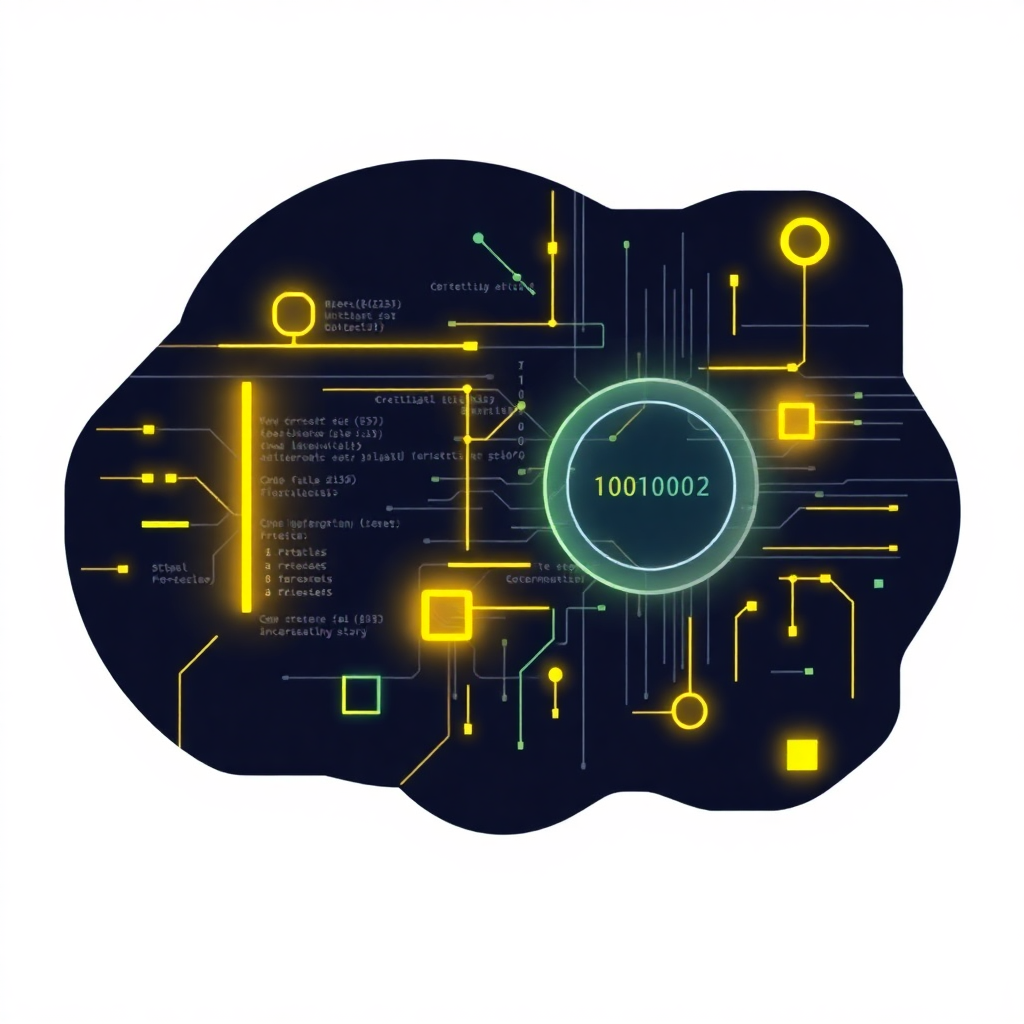 abstract dark tech illustration with code symbols, software development concept, neon yellow accents, minimalist futuristic design