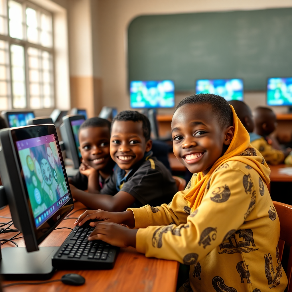 Nigerian children in classroom learning computers, digital education, smiling students, modern learning environment