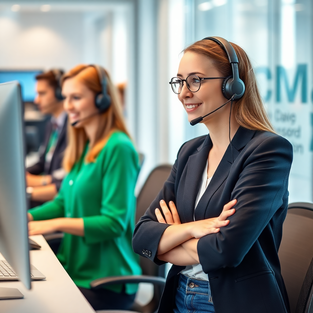 customer support team helping client 24/7 service professional staff headsets modern call center