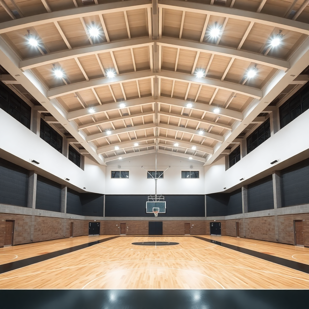 modern sports hall interior with basketball court, bright lighting, professional sports facility
