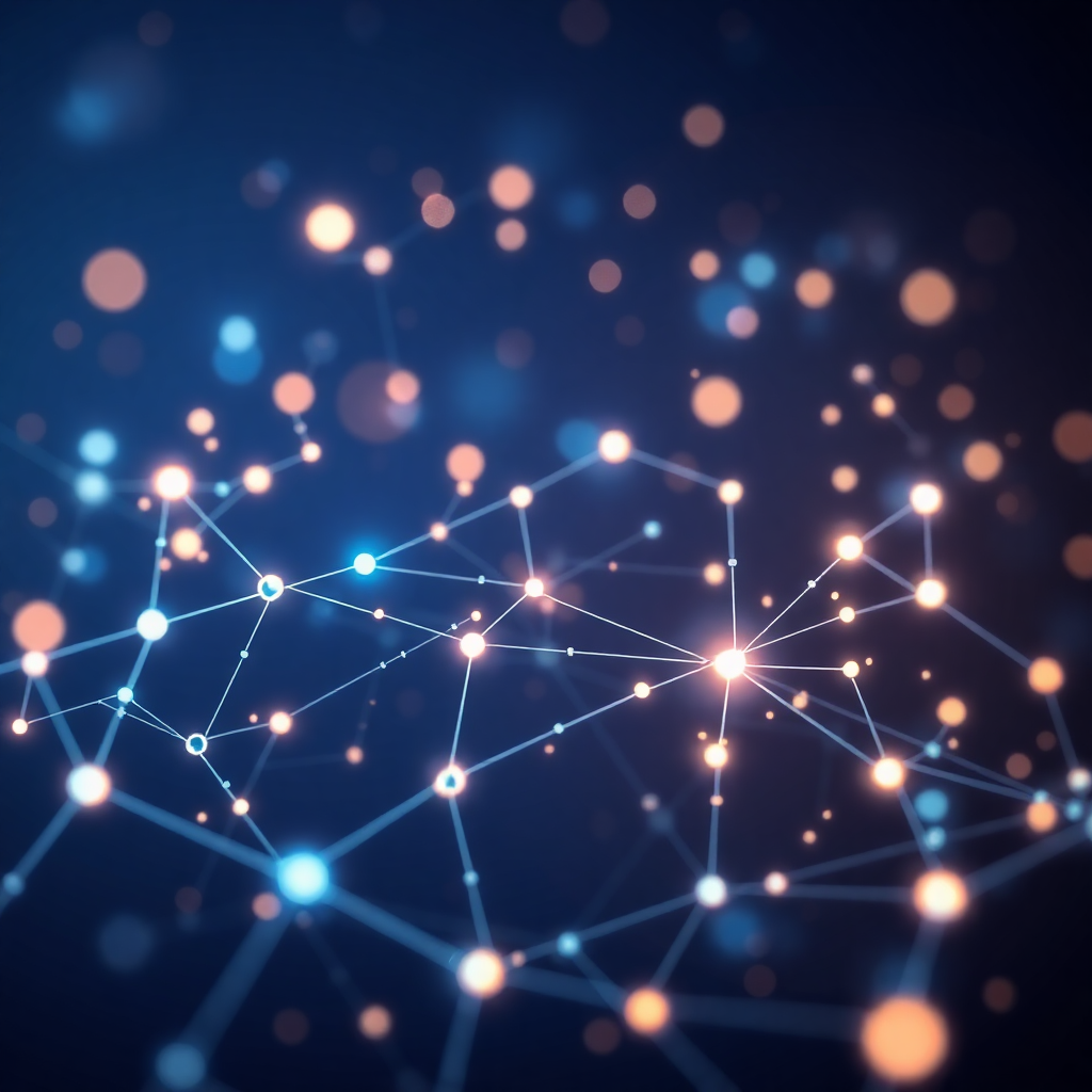 futuristic AI technology visualization with glowing particles and connections, deep blue background