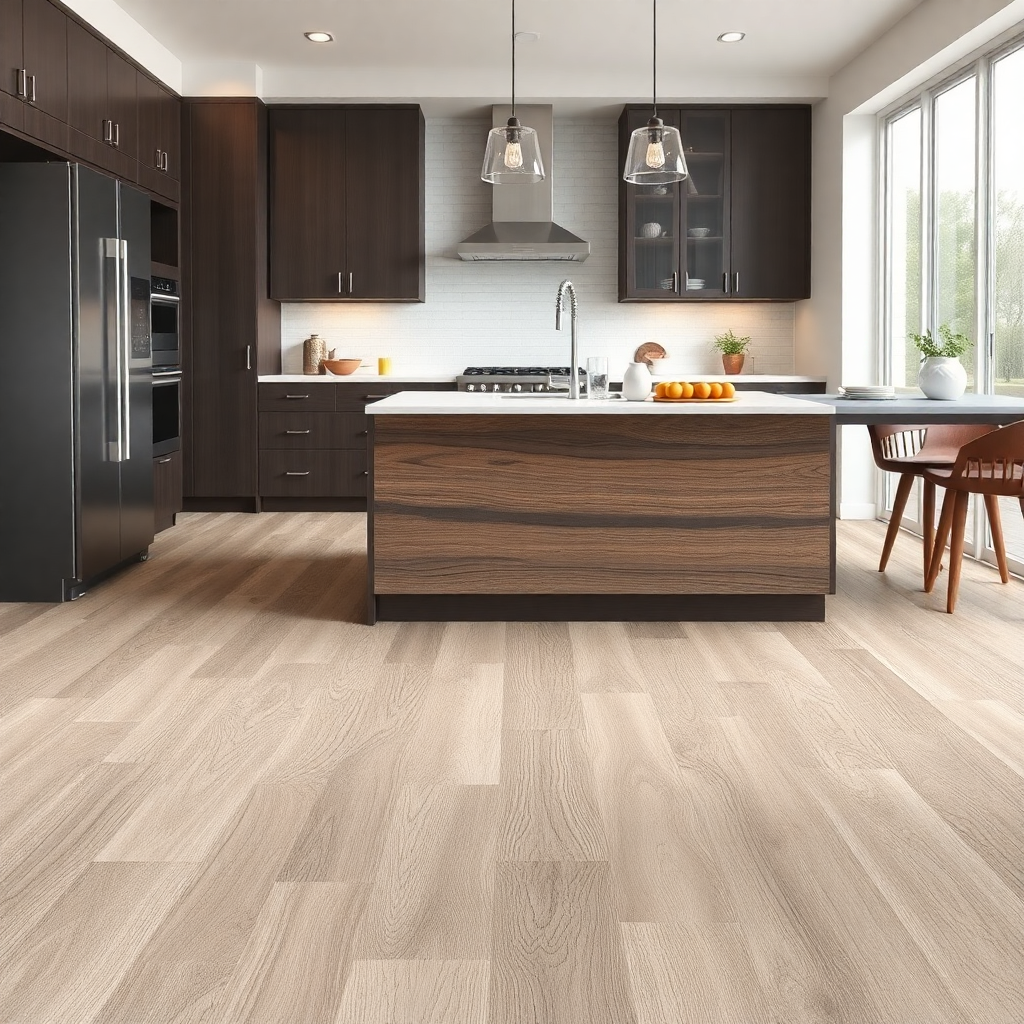 luxury vinyl plank flooring installation in modern kitchen with wood-look texture