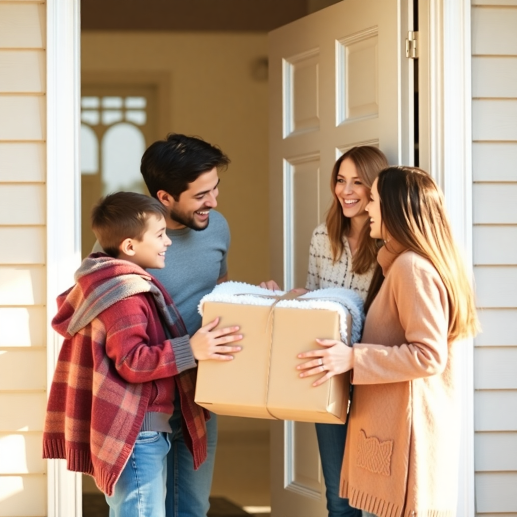 happy family opening blanket package delivered to front door, excited smiling, warm sunlight, lifestyle photography