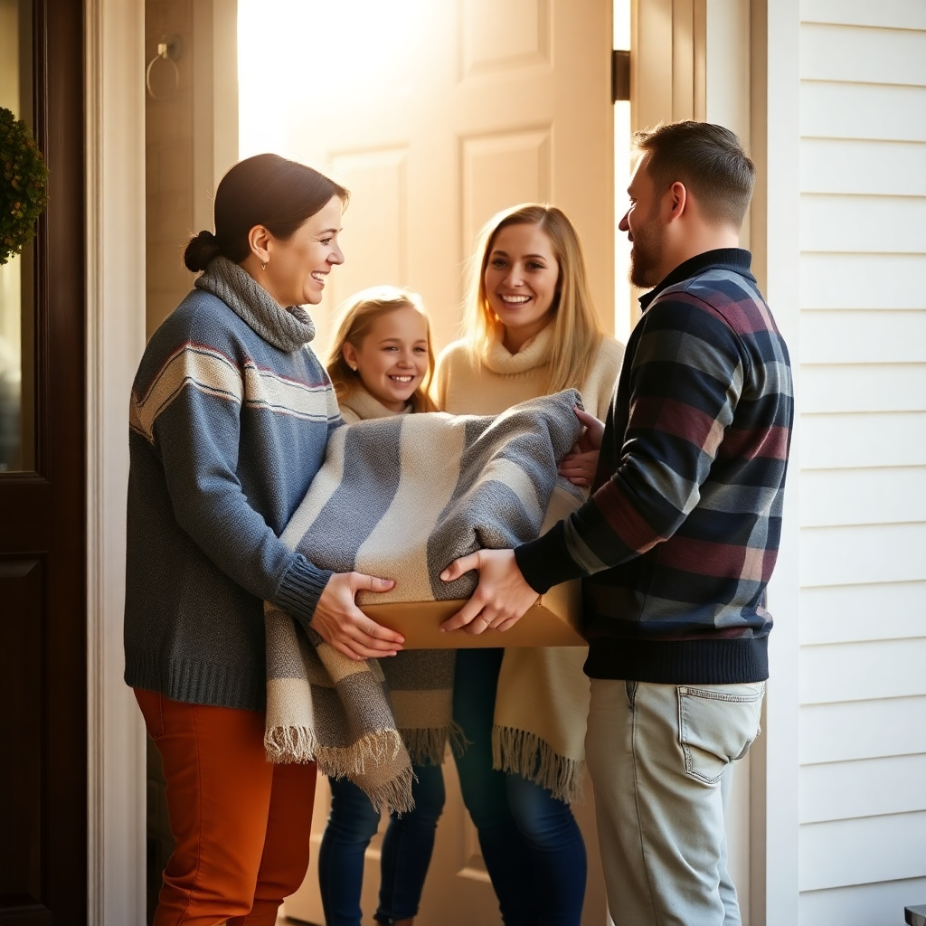happy family opening blanket package delivered to front door, excited smiling, warm sunlight, lifestyle photography