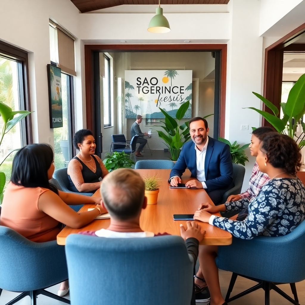 tourism agency office in São Tomé with professional staff meeting with local business owners, modern tropical office setting