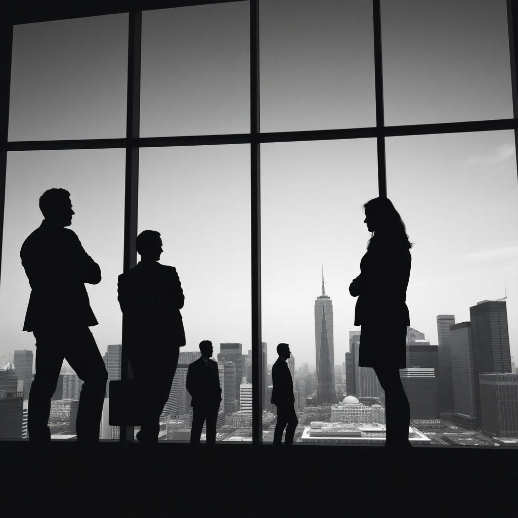 Silhouettes of business professionals standing by a large window overlooking a city skyline, black and white, dramatic lighting