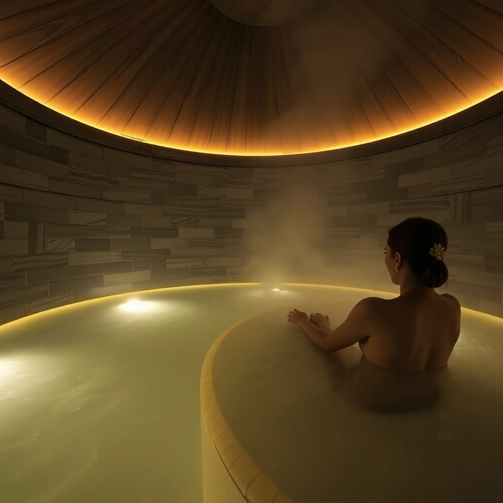 Caldea Andorra evening session thermal spa atmospheric interior warm steam luxury private wellness experience editorial photography dark cinematic champagne gold tones