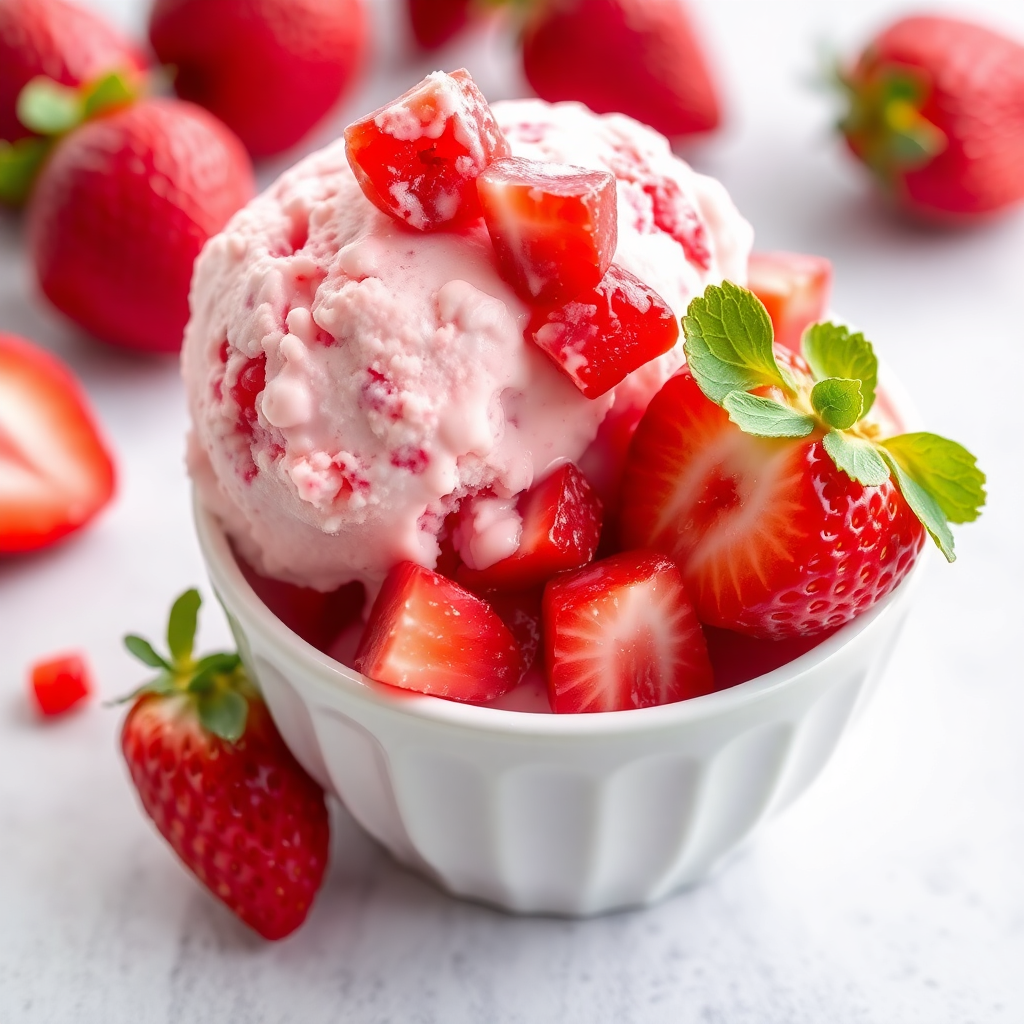 scoop of strawberry ice cream with fresh fruit chunks