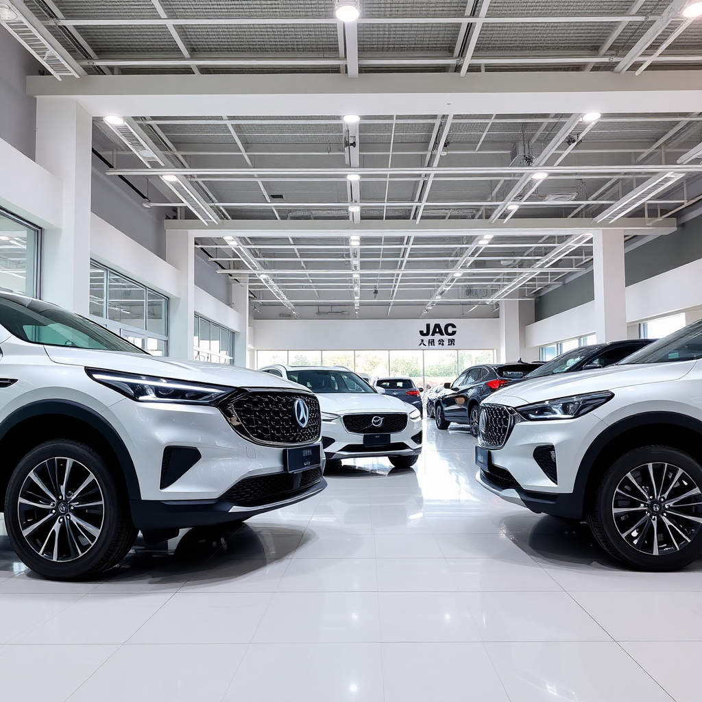 modern car dealership showroom interior with JAC vehicles on display bright lighting professional sales environment