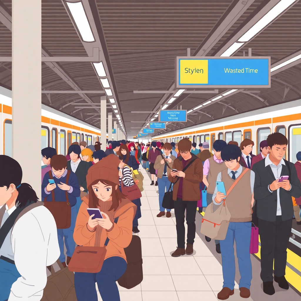 modern busy train station with diverse passengers waiting and looking bored, people staring at phones disconnected, missed opportunities visualization, crowded platforms with idle travelers, untapped potential, contemporary transit hub design, wasted time illustration