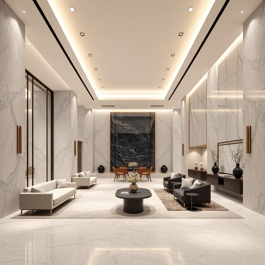 luxury minimalist interior design showroom with marble textures and architectural lighting, neutral tones, 8k
