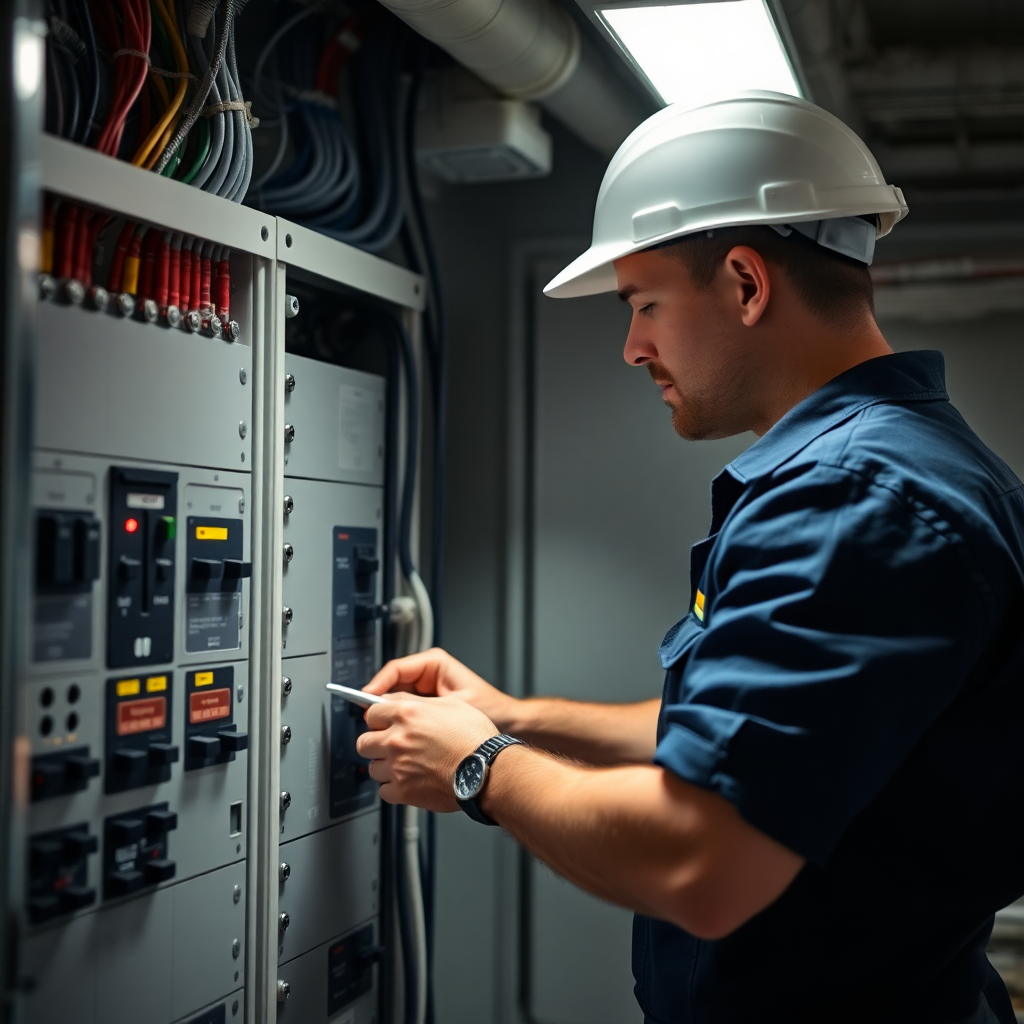 Professional electrician in navy uniform working on an industrial electrical panel, modern lighting, high quality, cinematic