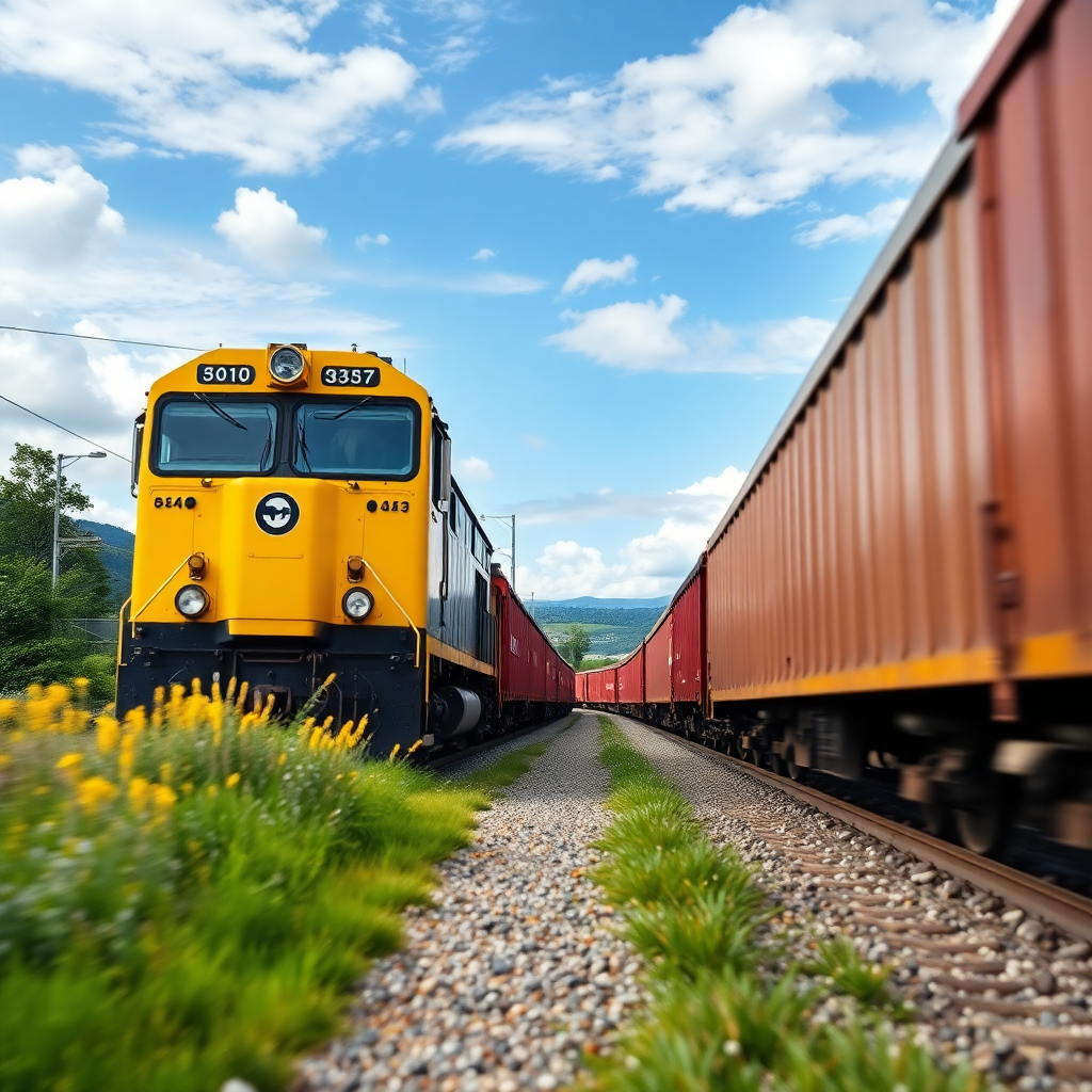 Professional high quality photography of a yellow freight train moving through a scenic landscape, vibrant colors, corporate logistics aesthetic