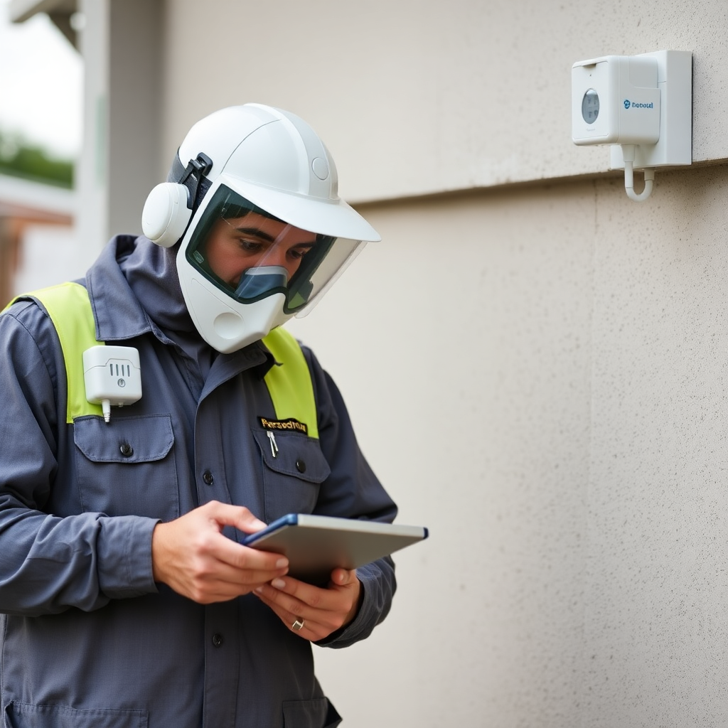 pest control technician checking monitoring devices and documenting results