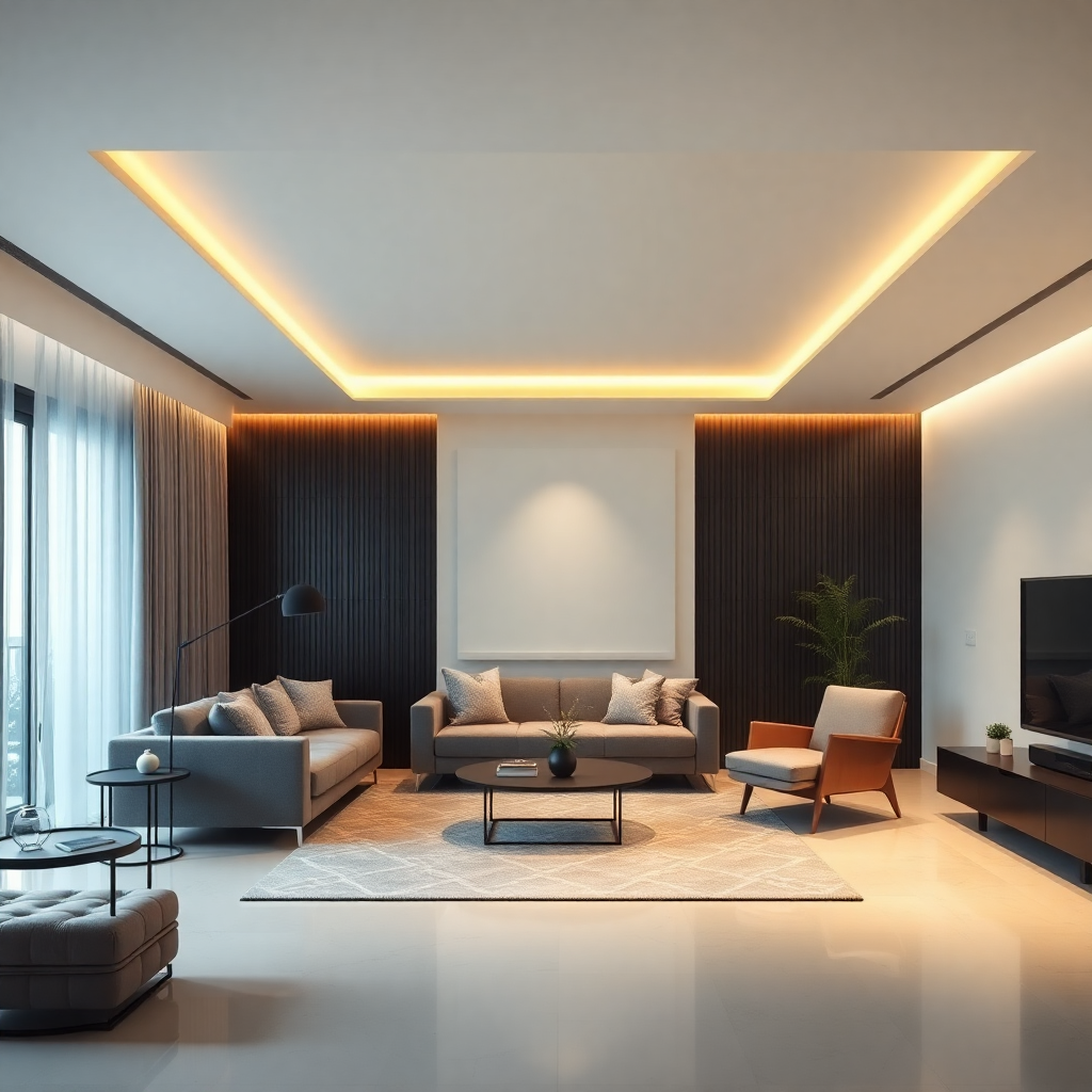 modern minimalist living room interior with smart lighting