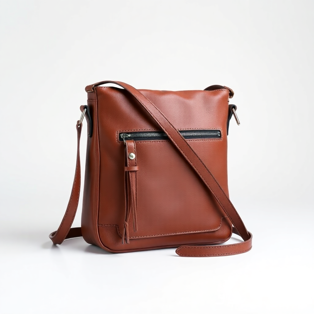 crossbody leather bag on plain background, product photography