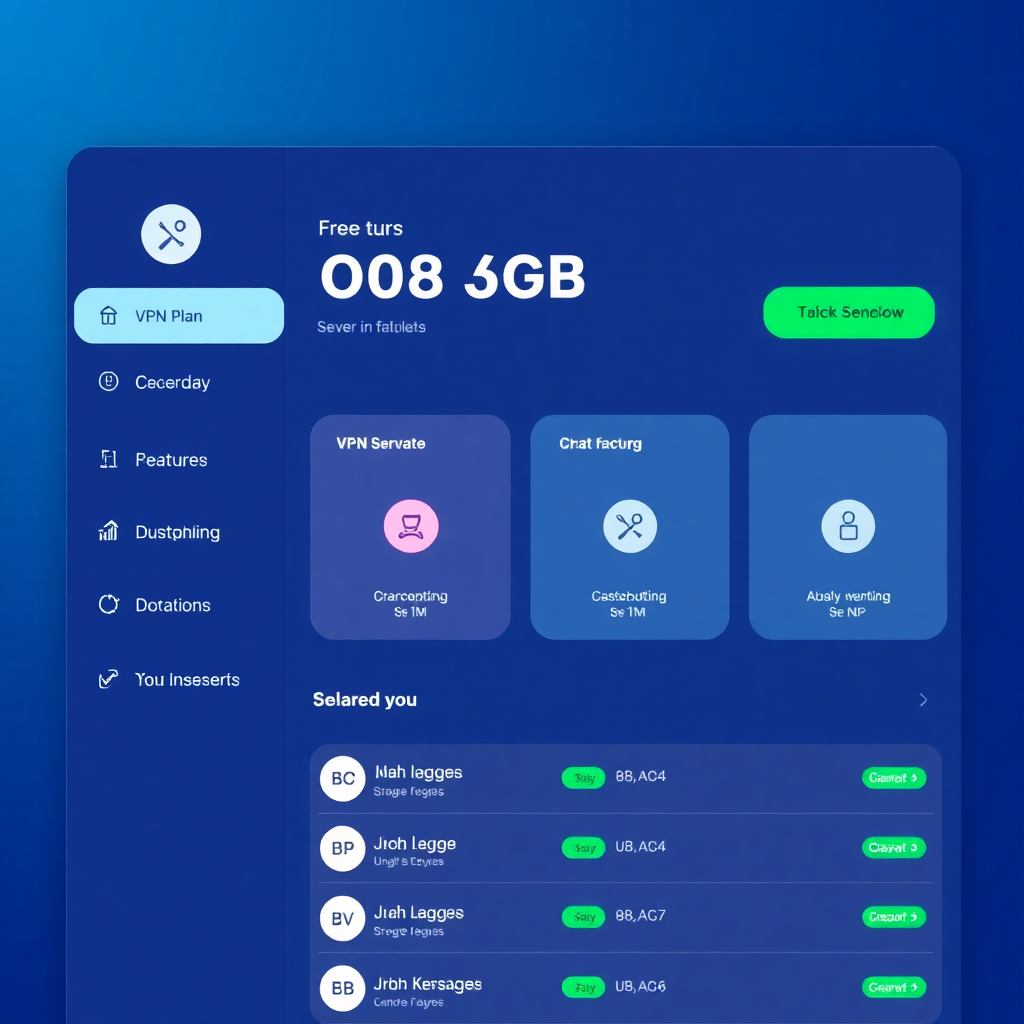 VPN app dashboard interface showing free plan features, 3GB data counter, server selection menu, security indicators, modern UI design