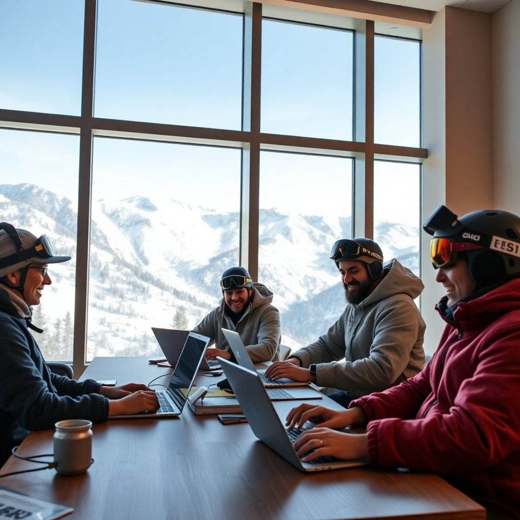 team of passionate skiers working on laptops in modern mountain office