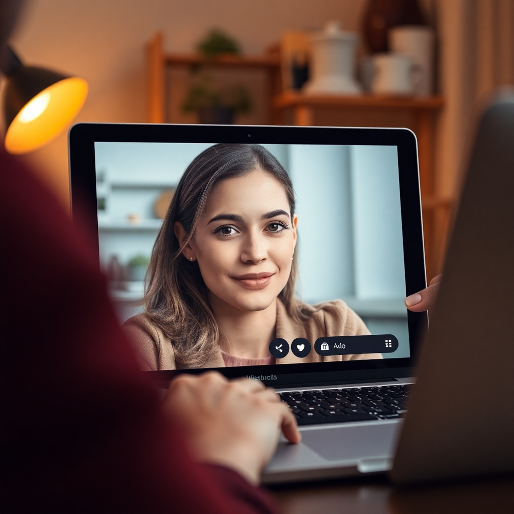 person on video call, professional setting, laptop screen, warm lighting, close up face