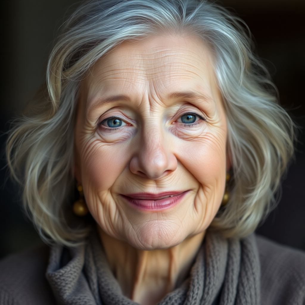 elderly woman with kind eyes and gray hair, gentle smile, portrait with soft lighting