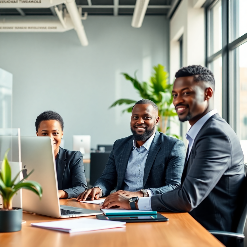Ghanaian entrepreneurs working in a modern bright professional office space, collaborative workspace, natural light, professional business setting, editorial photography style