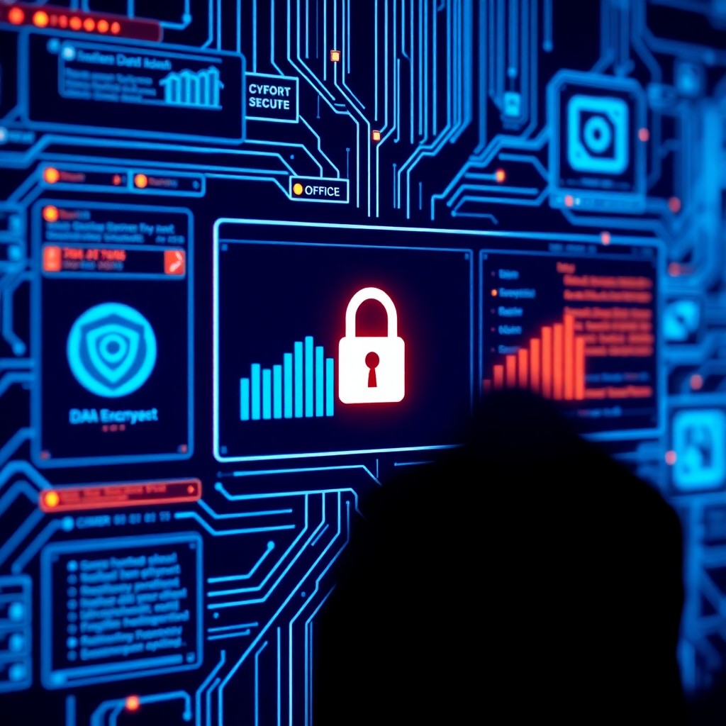 cybersecurity interface, data protection system, secure encryption technology, professional security dashboard