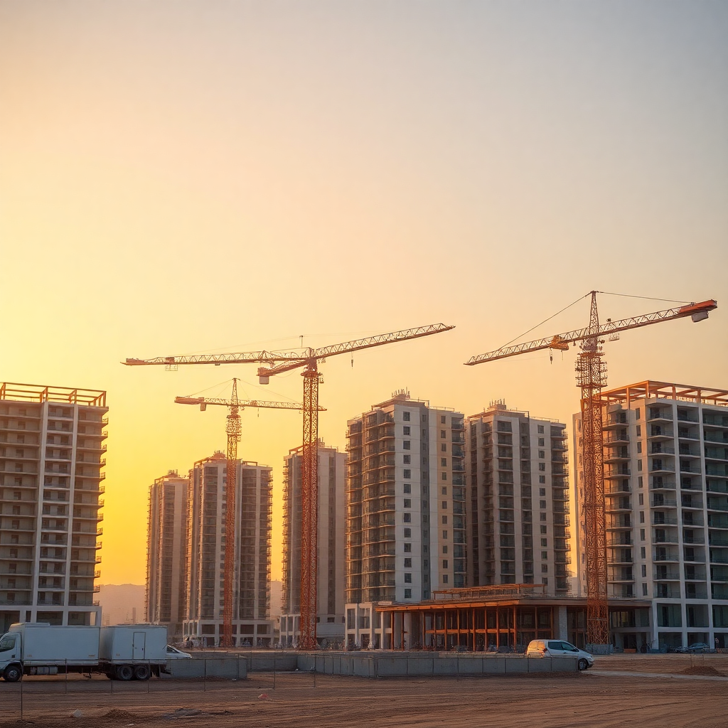 modern construction site with cranes and buildings under development in Saudi Arabia, professional photography, golden hour lighting