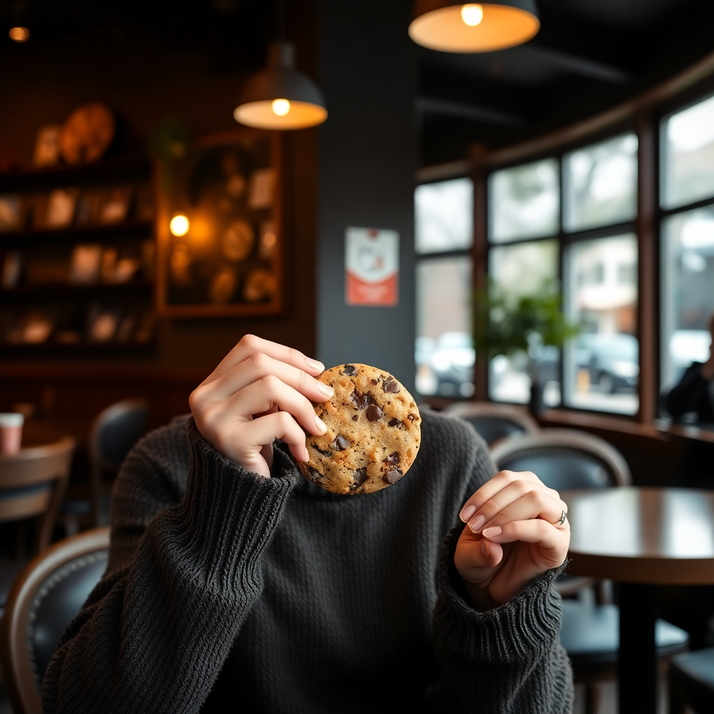 lifestyle shot of someone eating a cookie in a cozy cafe