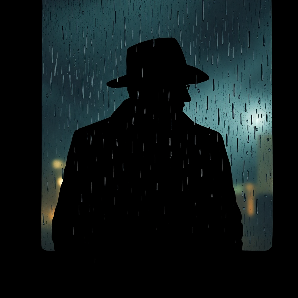 gritty crime drama movie poster, rain on window, detective silhouette