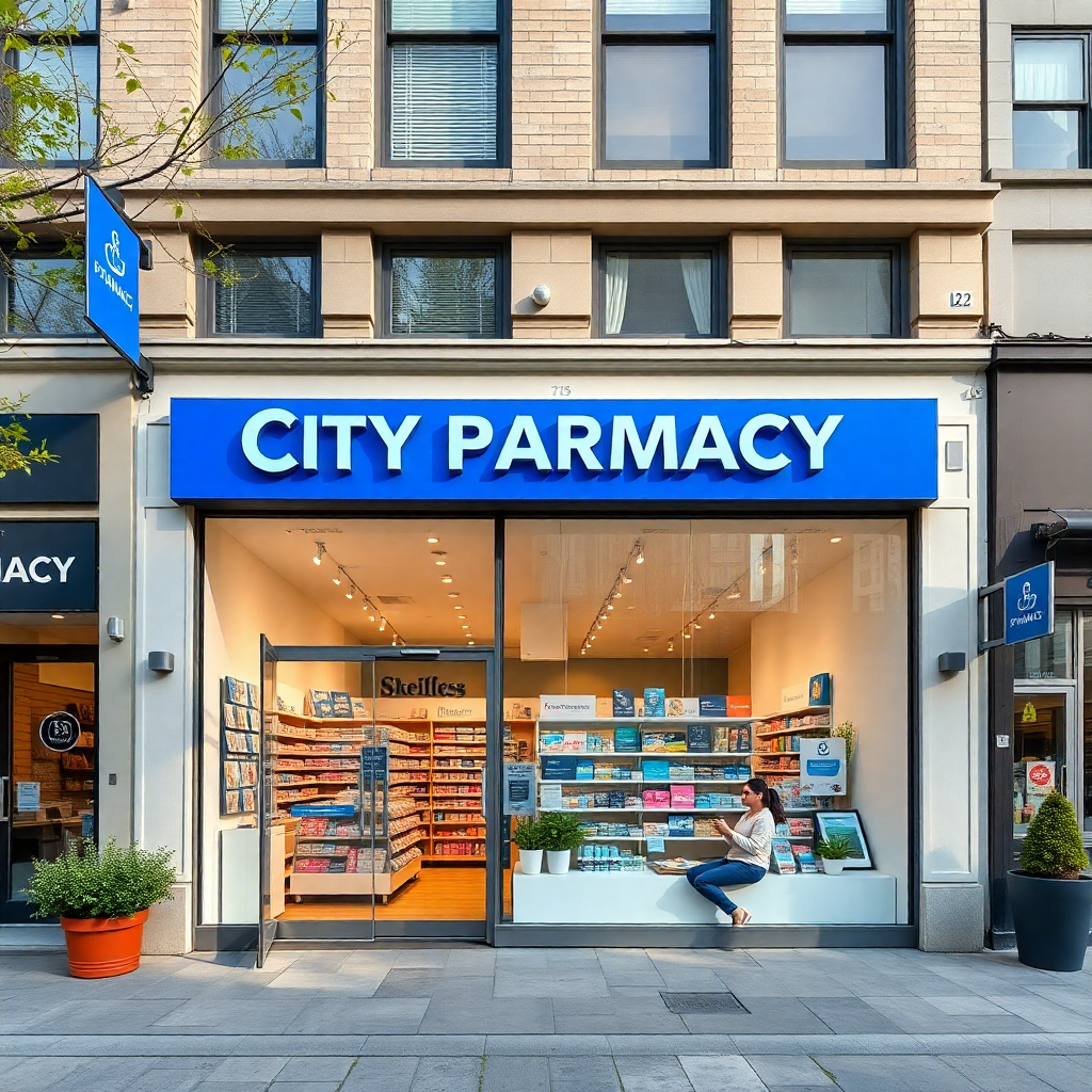 city pharmacy storefront with blue branding, modern design