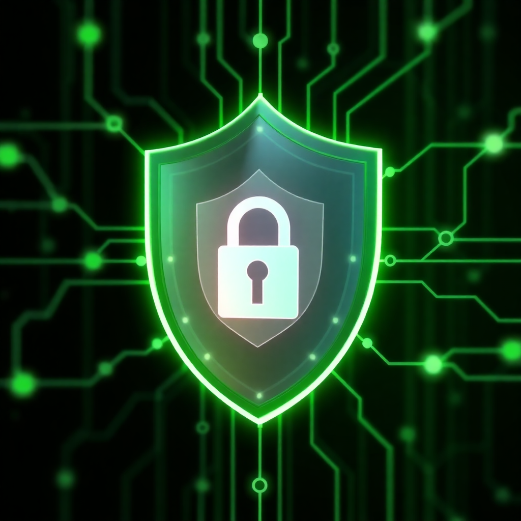 digital security shield with green glow, network connections, encrypted data streams, modern tech illustration