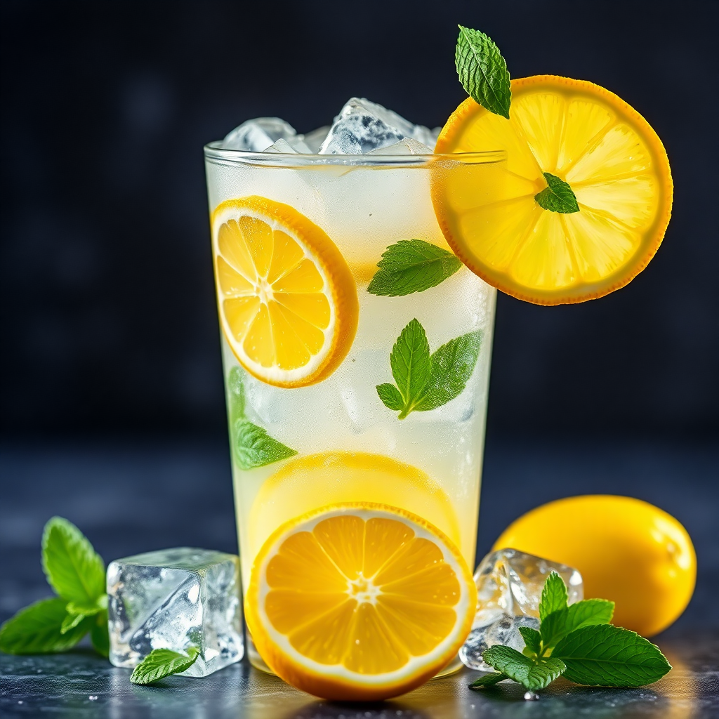 Refreshing citrus shisha flavor concept, lemons, mint leaves, ice, bright and fresh photography