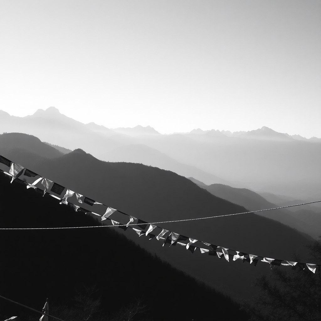 Himalayan mountain range panoramic view, prayer flags, spiritual atmosphere, black and white photography