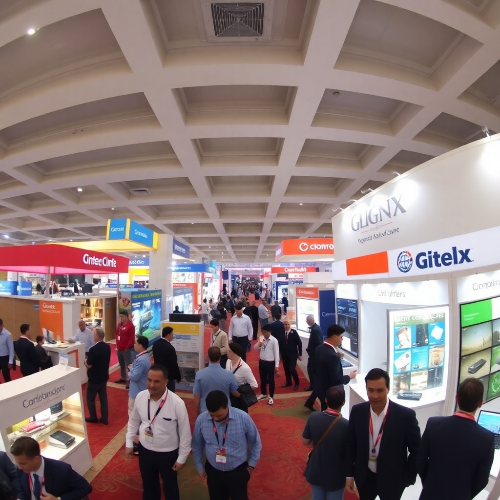 Wide-angle shot of a bustling exhibition hall like GITEX or a major trade show, with branded booths and professional staff assisting visitors.