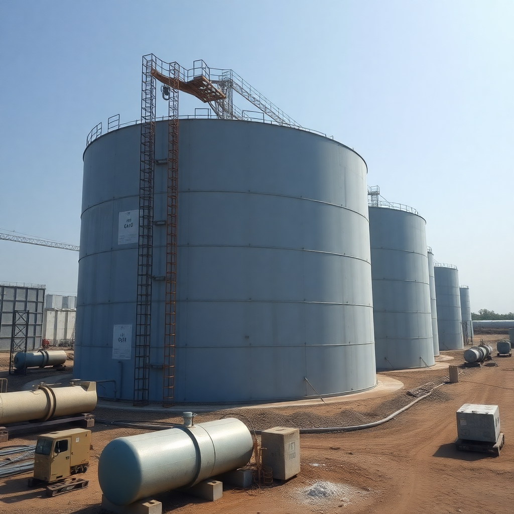 Large oil storage tank farm construction site in Somalia