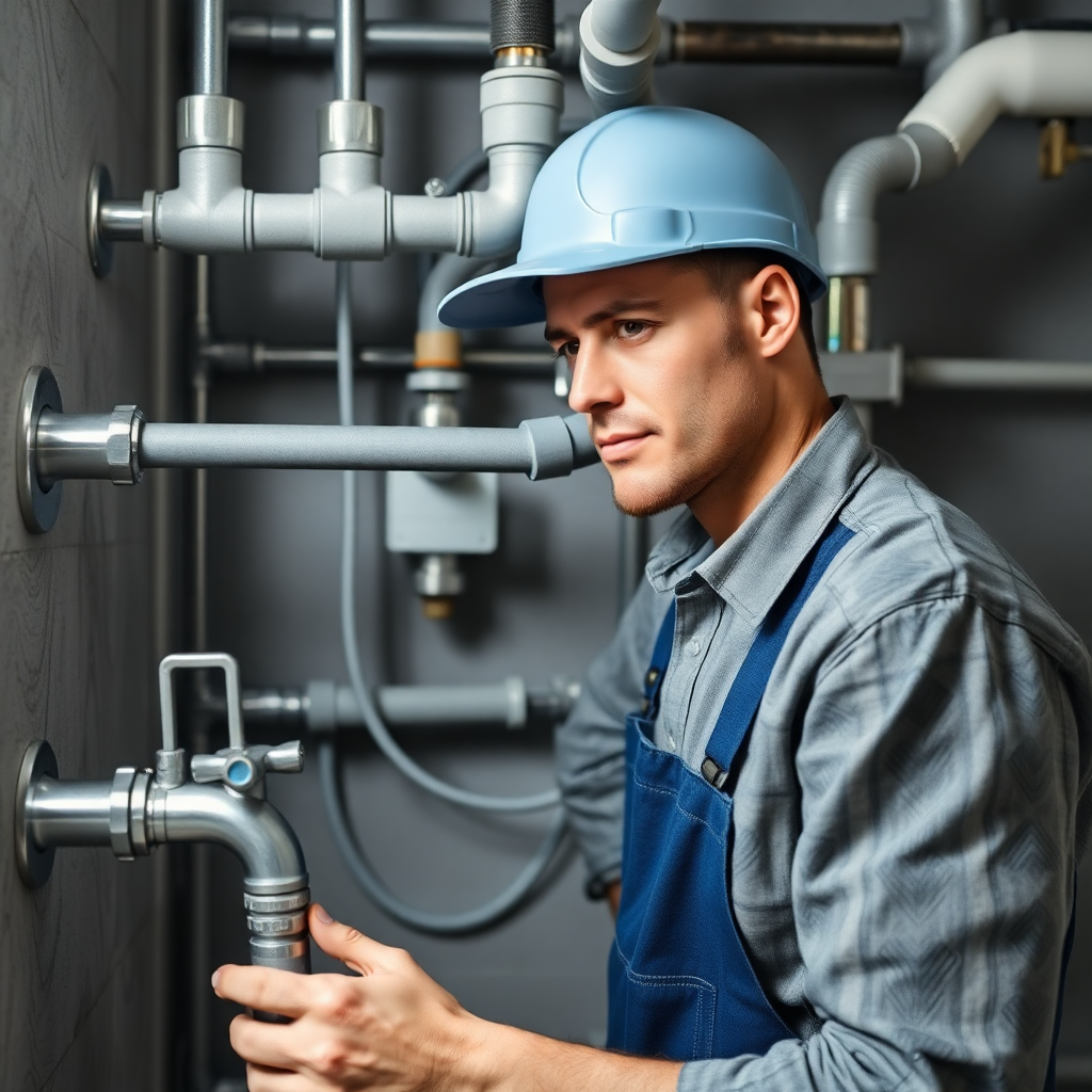 modern plumbing installation work, pipes and fixtures, professional plumber installing water systems
