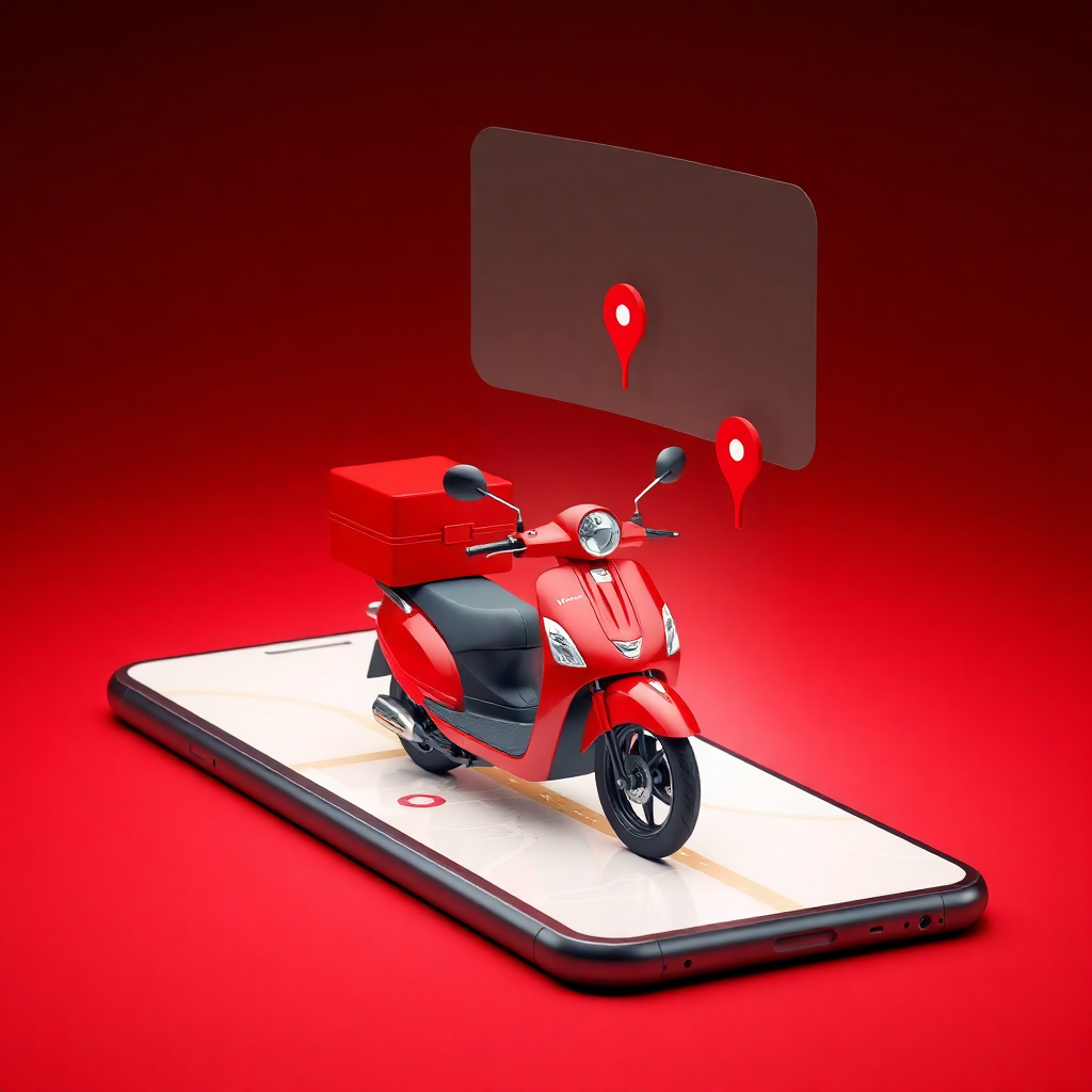 3d illustration of a red delivery scooter driving on a road map coming out of a smartphone screen, fast delivery concept, dark red studio lighting, high quality render