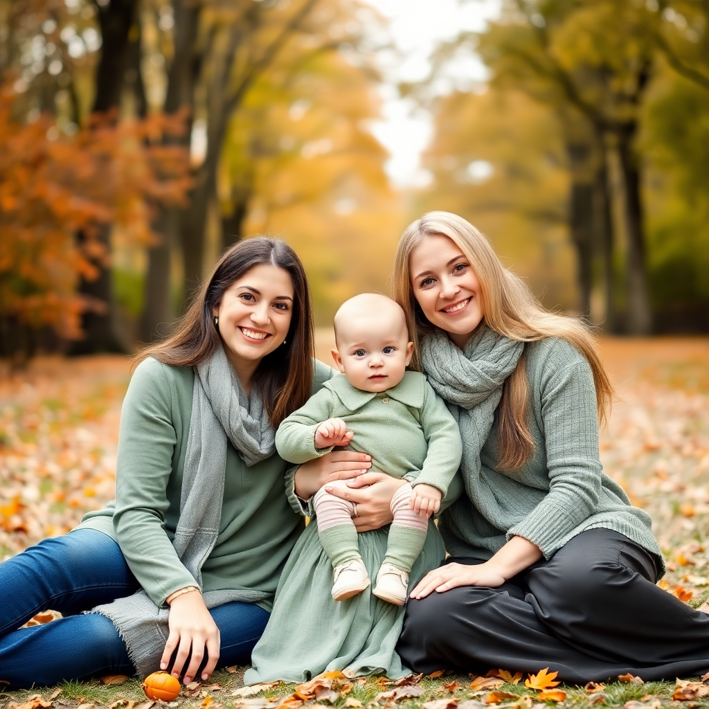 family portrait with baby, soft sage green outfits, autumn park background