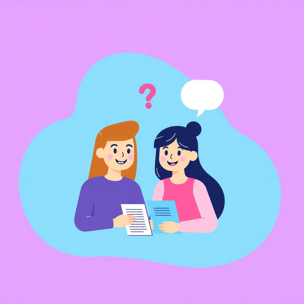 friendly modern illustration, students, support, FAQ, blue and purple gradient, flat, vector, minimal