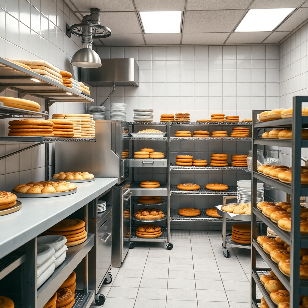 bakery and pastry shop with fresh baked goods, professional baking equipment