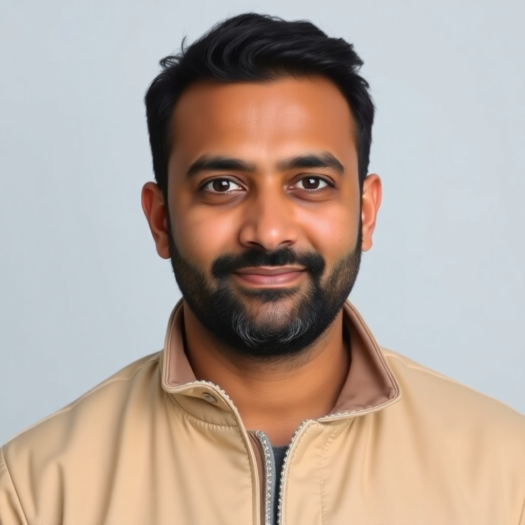 Headshot of Jay Shetty, an Indian man with short dark hair and a beard, wearing a beige jacket against a light grey studio background.