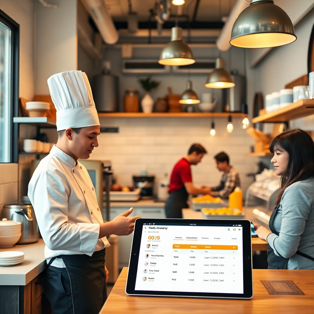 small cafe with open kitchen, chef and staff working efficiently, digital tablet showing inventory management system